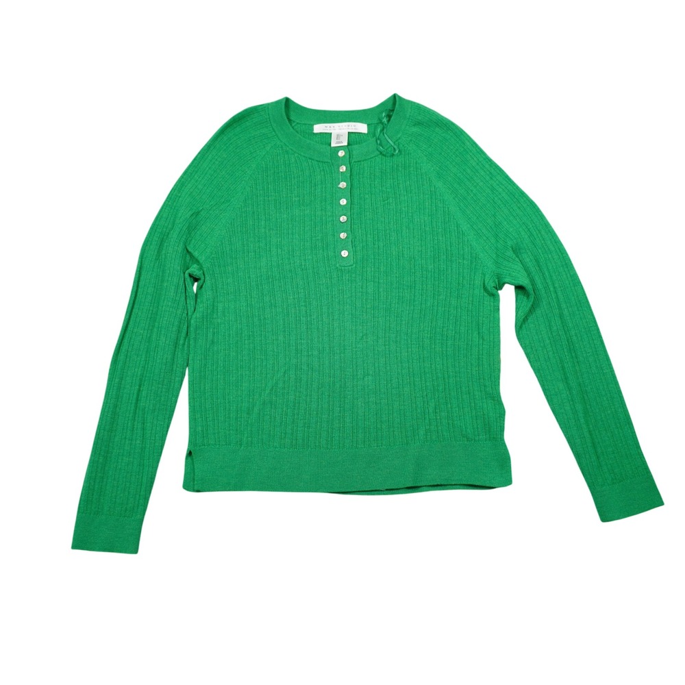 Maxโ Studio Green 100% Extra Fine Merino Wool Ribbed Henley Sweater NWT Large